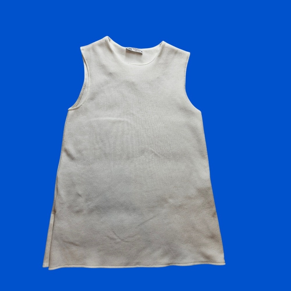 Zara Womens Sleeveless Knit Tunic Top Off White Crew Neck Size Small